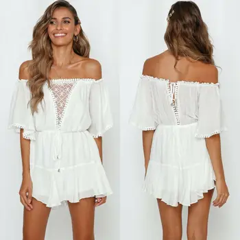

Women's Summer Boho Chiffon Loose Jumpsuit Party Beach Club Romper Off Shoulder Short Sleeve Jumpsuits