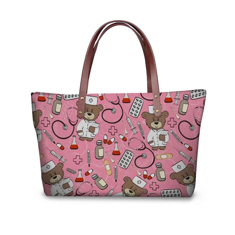 

Customized Women Shoulder Bag Cute Nurse Bear Print Handbag Ladies Fashion Top-handle Bag for Travel Beach Bag Clutch Mochila