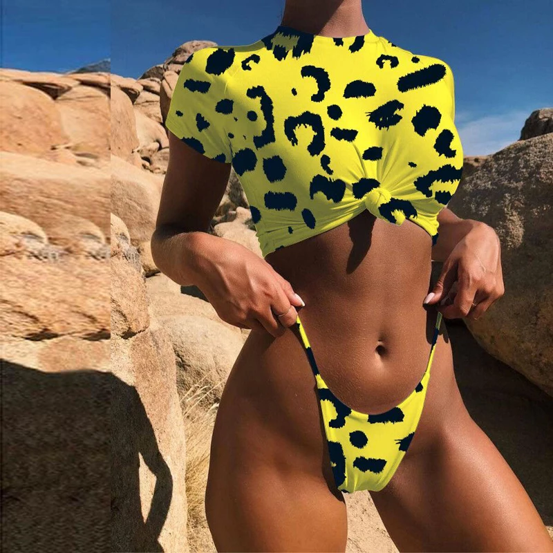 

Aartiee Yellow brazilian swimsuit female Knot crop top bikini 2019 Leopard swimwear women bathers T-shirt thong bikini sexy swim