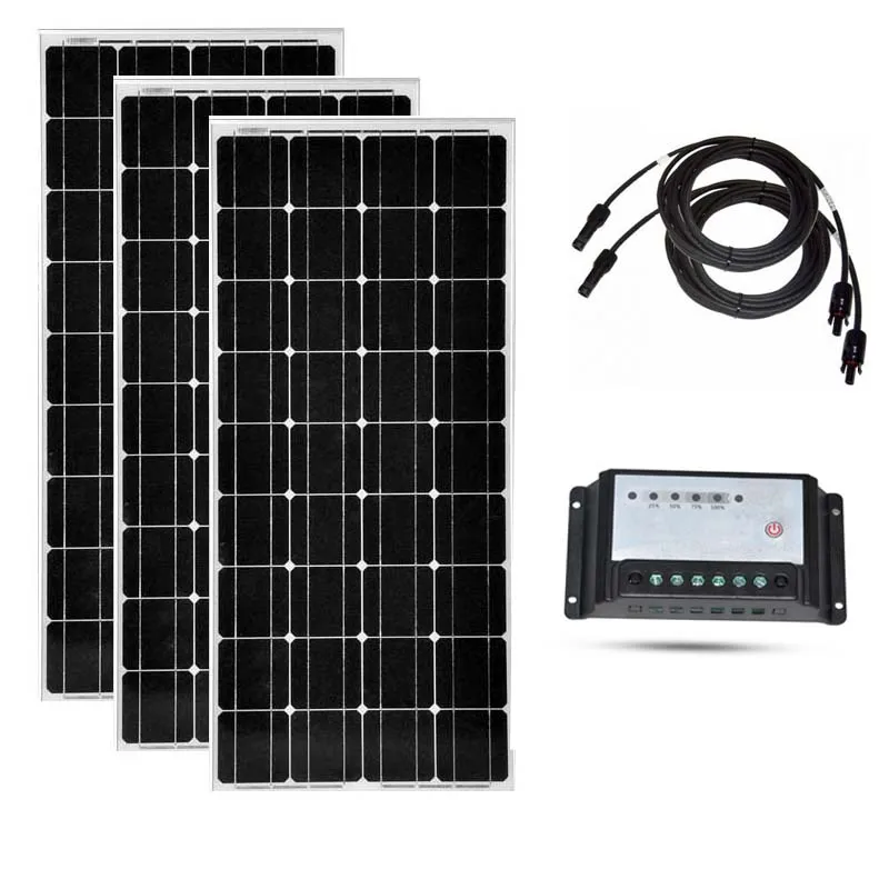 Kit Solar Panel 100w 12v 3 Pcs Solar Charge Controller 12v/24v 20A PV Cable Panneau Solaire 300 w Rv Roof Motorhome Caravan Car