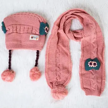 

2 pcs Set Winter Baby Hat Scarf Cute Children Girl Toddler Hat Skullies Warm Knitted Wool Cap Scarf Neck Warmer Kids Beanie Caps