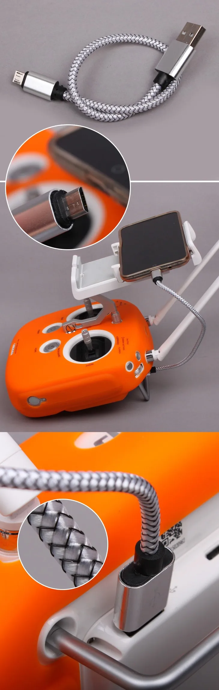 Portable Braided Cable Nylon Weave Alloy Shell Data USB Cable For DJI Phantom 3 Inspire 1 Compatible With Android / Apple