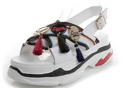 Яловая кожа бахрома сандалии летние металлические украшения Национальный ветер сандалии на толстой подошве открытый носок заклепки женская обувь