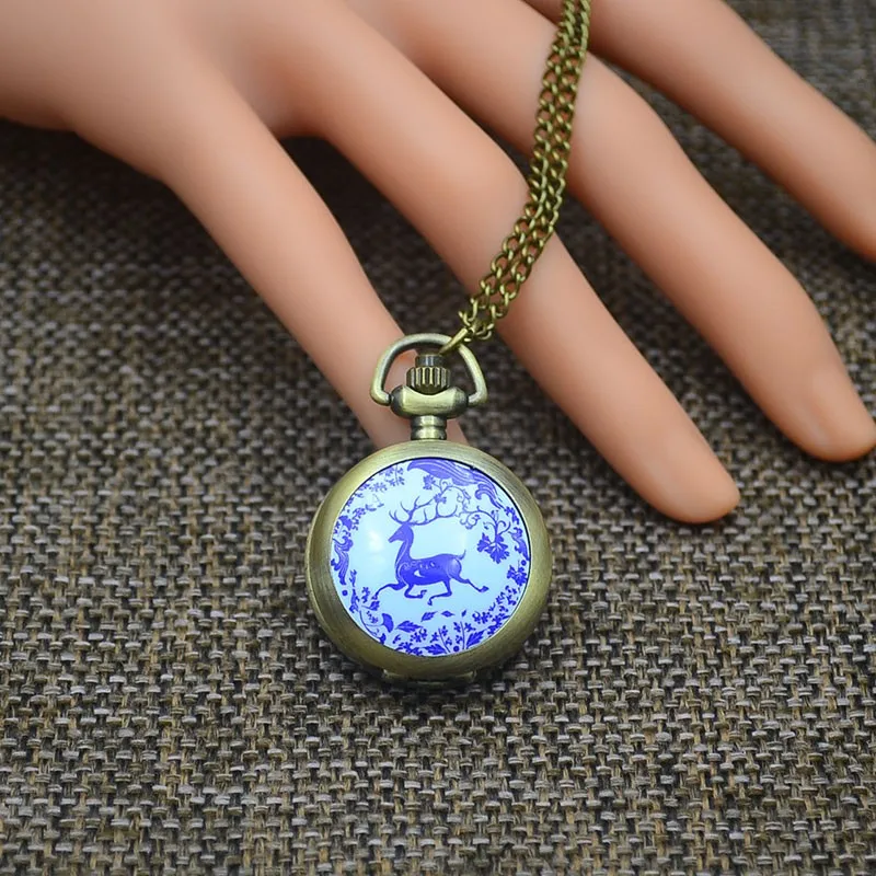 Оптовая продажа бронза мода карманные часы Цепочки и ожерелья подвеска Для женщин кварцевые часы Fob красочные кошка олень леопарда