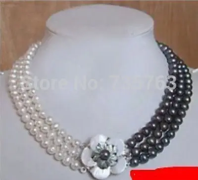 

HOT 0015373 3rows 7-8mm white&black Freshwater Akoya Pearl Necklace