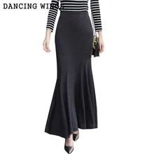 Осенне-зимняя сексуальная тянущаяся шерстяная юбка «рыбий хвост», высокая талия, большая юбка-свинг, saias longas casuais