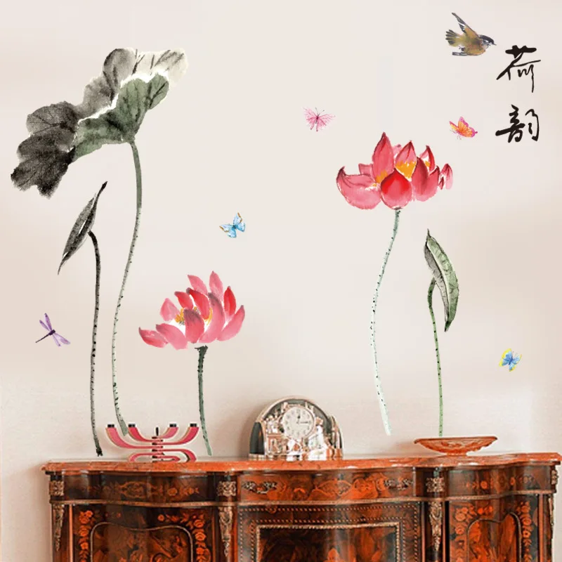 

Chinese Style Lotus Flower Living Room Bathroom Home Decortaion Vinyl Wall Sticker DIY Flower Vintage Poster on the Wall Mural