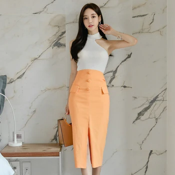 

New arrival elegant white slim sexy basic t-shirt and pencil skirt high quality work style 2 pieces casual fresh slim women sets