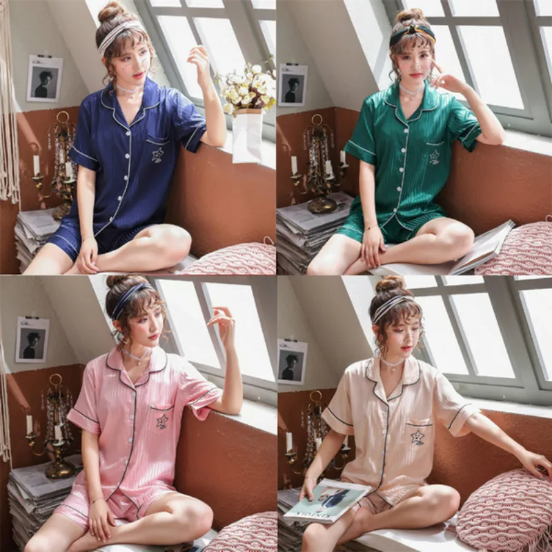 

Women's Silk Pajama Suit New style stripe design pijamas women Pocket embroidery pijama mujer Short sleeved shorts home clothes