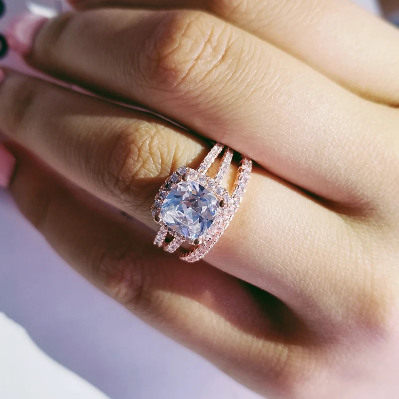 Розовое золото, серебро 925 пробы, обручальное кольцо, набор для женщин, для невесты, помолвки, модные ювелирные кольца, подарок вечности, moonso R4830