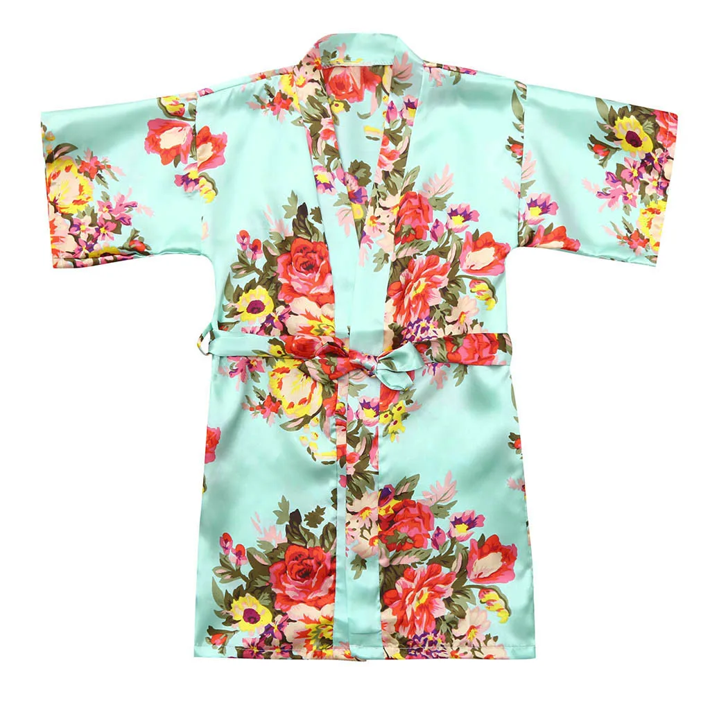 Летняя Милая одежда для малышей Детская одежда для девочек с цветочным рисунком Шелковый атласное кимоно; наряд халат, одежда для сна пижамы для детей - Цвет: Mint Green