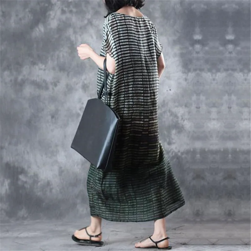 BUYKUD 2018 Summer Women Stripe Loose Casual Green Long Dress Round Neck Short Sleeve Vintage Maxi Dresses With Pockets Dresses
