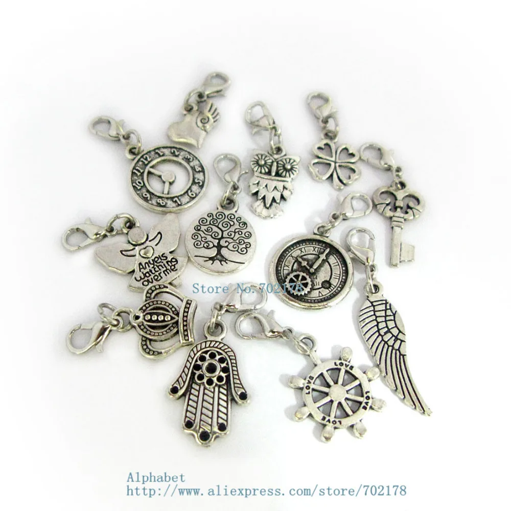 10pcs Mixed Style Dangle Charms with Lobster Clasp Metal Alloy Charm