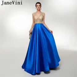 JaneVini Sexy Глубокий V шеи Атлас выходные платья без рукавов тяжелых Расшитое бисером Линия развертки поезд Роскошные арабский длинные голубое