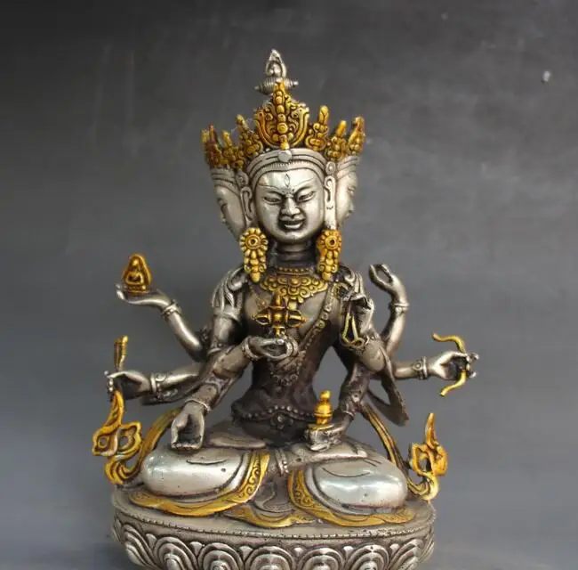 

free Tibet Buddhism Silver Gilt Namgyalma Ushnishavijaya Buddha 3 Head 8 Arms Statue fast