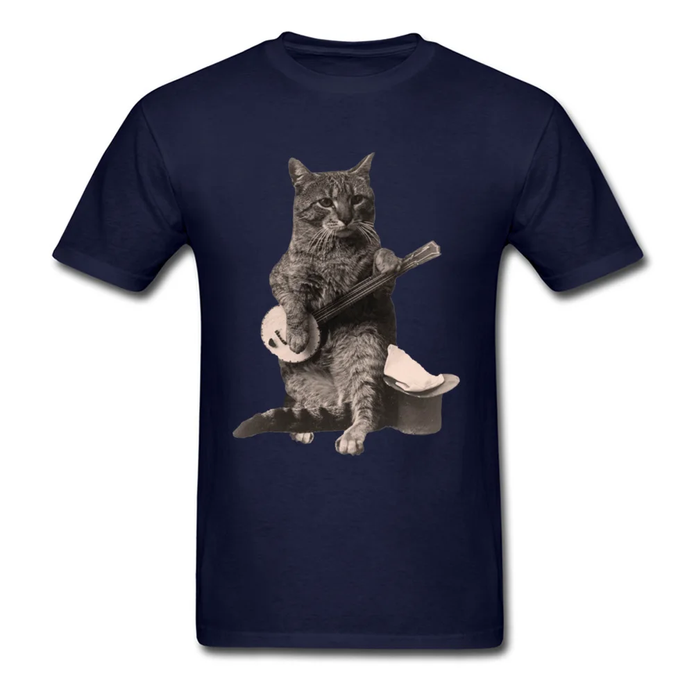 Cat Playing Banjo Guitar ostern Day Pure Cotton O-Neck Tops & Tees Short Sleeve Custom Tee Shirts Coupons Normal T Shirts Cat Playing Banjo Guitar navy