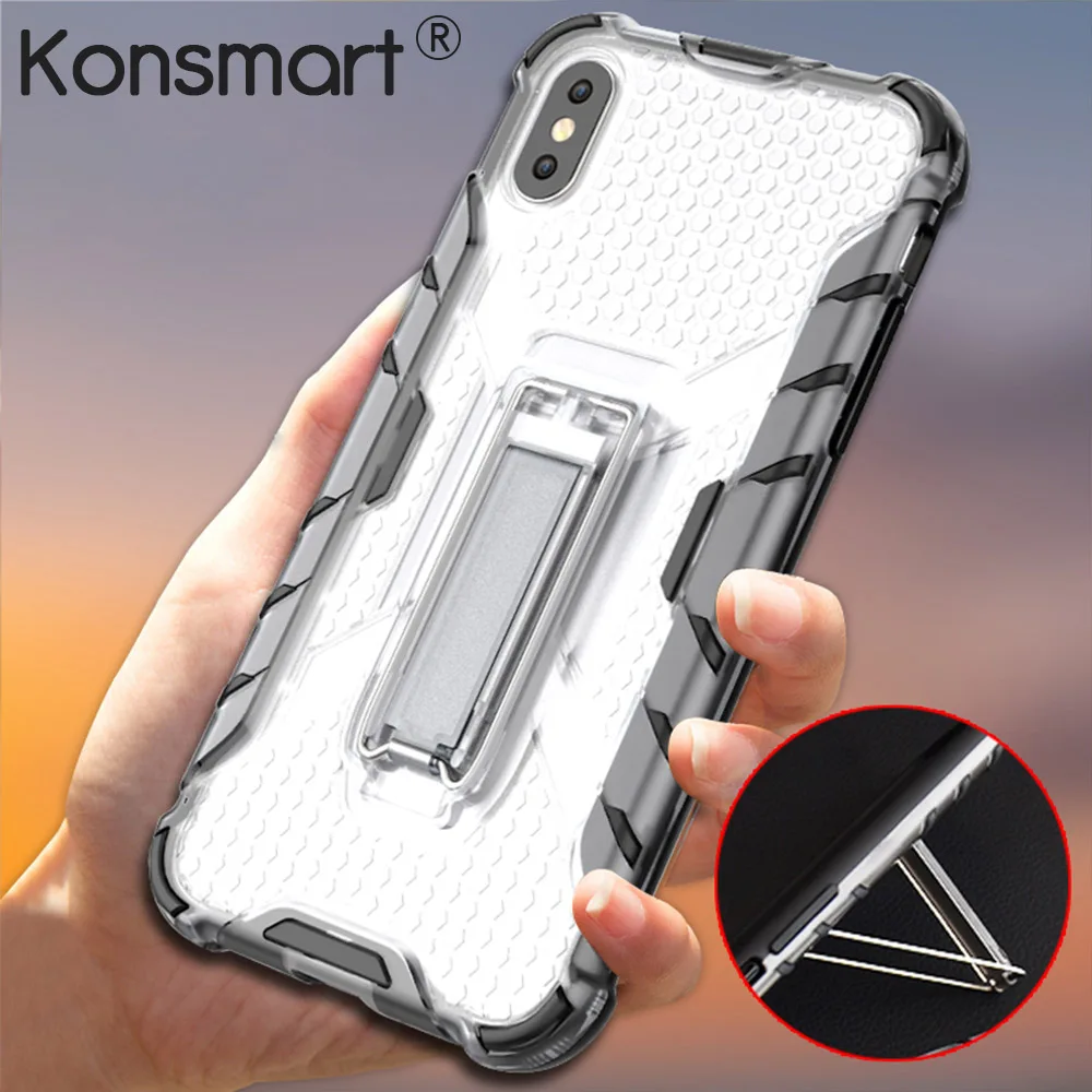 

KONSMART New Anti-knock Phone Case For iphone X 7 8 6 6S Plus Durable Shock Proof Clear Cover For iPhone X Phone Cases Kickstand