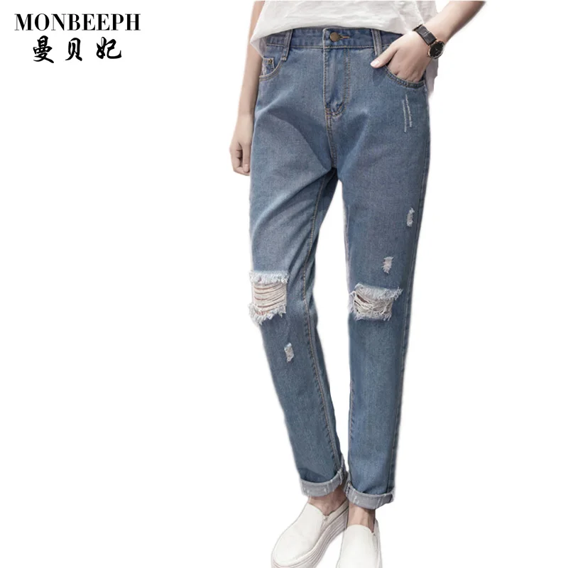 

2017 new Women Fashion Denim Trousers Blue Knee Ripped Skinny Cropped Pants high Waist Button Fly Jeans plus size S-5XL