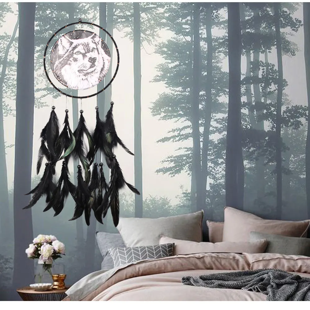 

Oil Painting Wolf Totem Dream Catcher Feather Hanging Car Ornaments Wind Chimes Outdoor Dreamcatcher Home Kids Wall Decoration