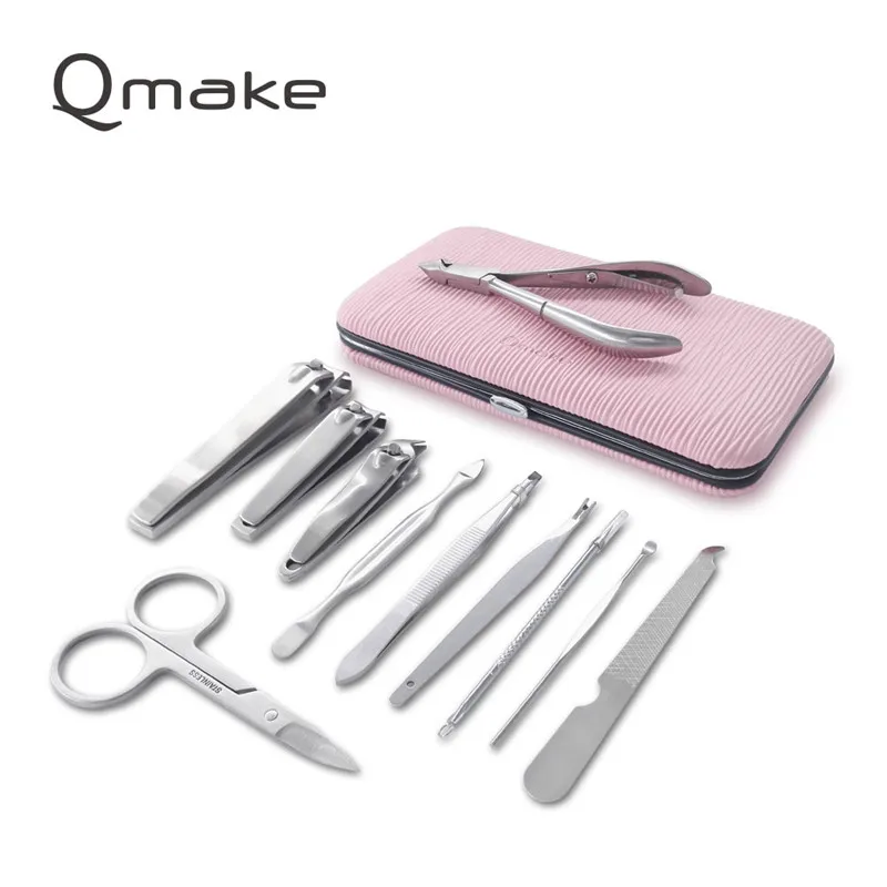 Qmake 11 шт. набор маникюрных инструментов для ногтей кусачки для ног ножницы пинцет педикюрный набор Профессиональный качественный чехол для путешествий