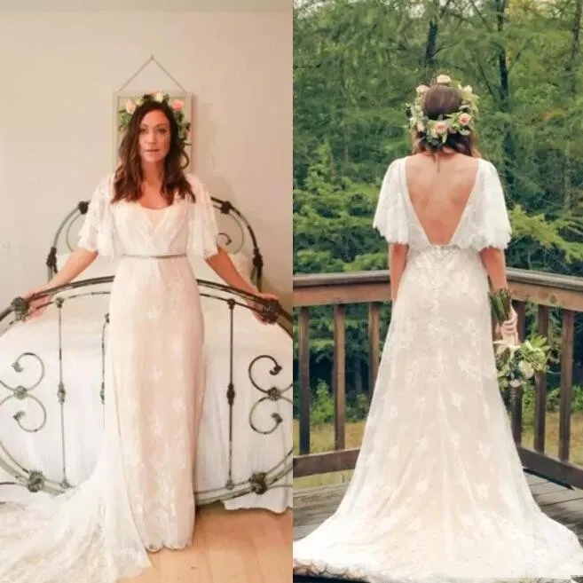 

Romantic 2019 Ivory Lace Loose Half Sleeves Bohemian Wedding Dresses Sexy Backless Country Bridal Gowns Custom Made Plus Size