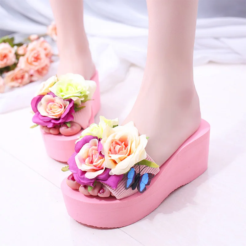 

2018 Summer Shoes Platform Wedges Slippers Women Flowers Flip Flops Woman Beach Shoes Slides Sandals Sweet zapatos mujer 6294