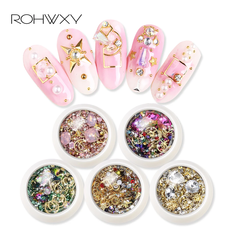 

ROHWXY 1 Box Nail Rhinestone Crystal Nail Accessories For Nails 3D Nail Art Mixed Decoration Gems Need Nail Gel Polish