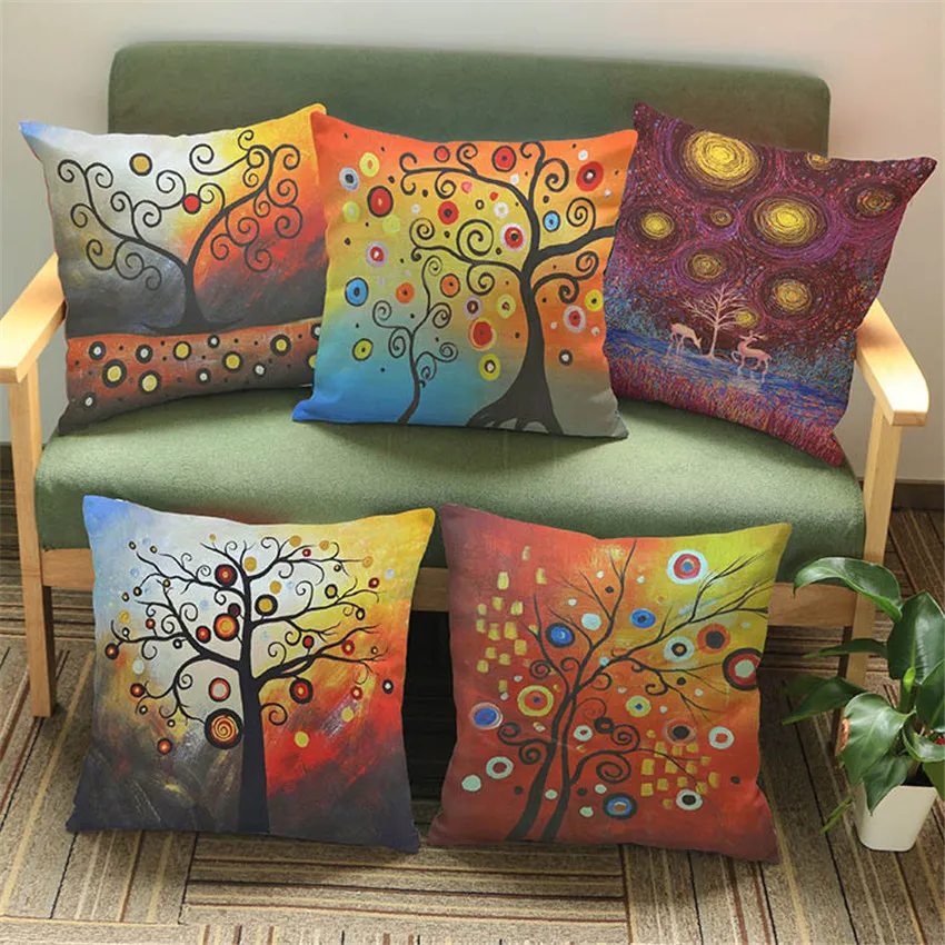 

Oil Painting Tree Cushion Cover Colorful Tree Linen Cotton Pillow Case For Sofa Car Seat Home Decor almofadas