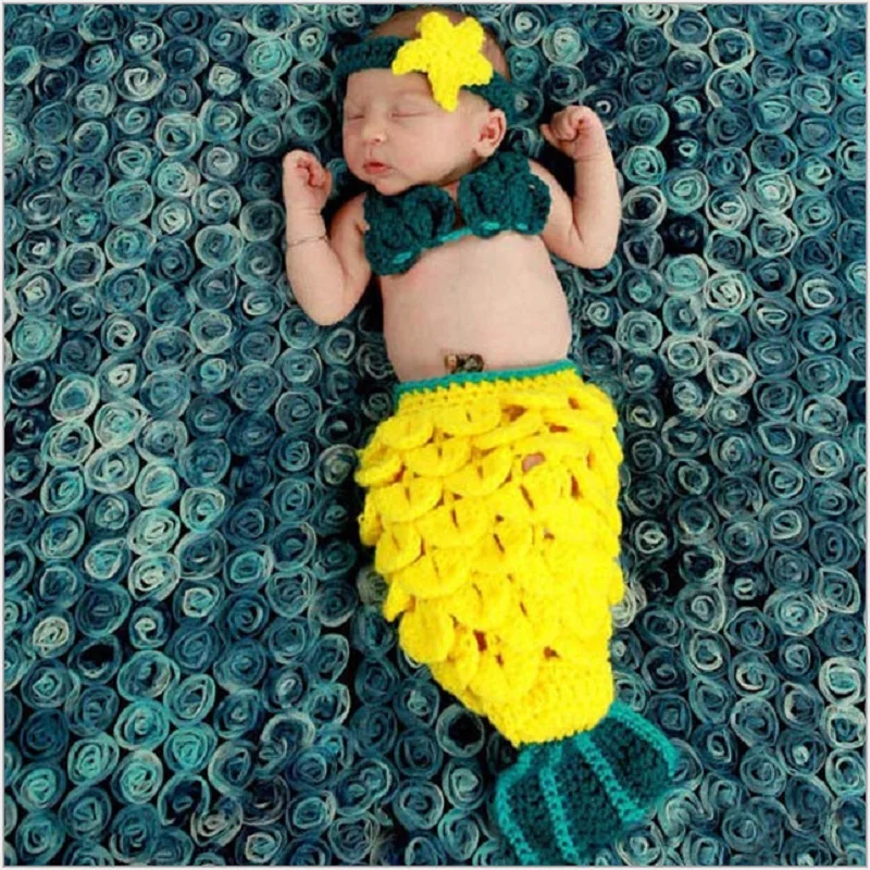 

Newborn Baby Girl Photo Shoot Mermaid Sleeping Bag Outfits Props Accessories Infant Tiny Baby Crochet Photography Props Clothes