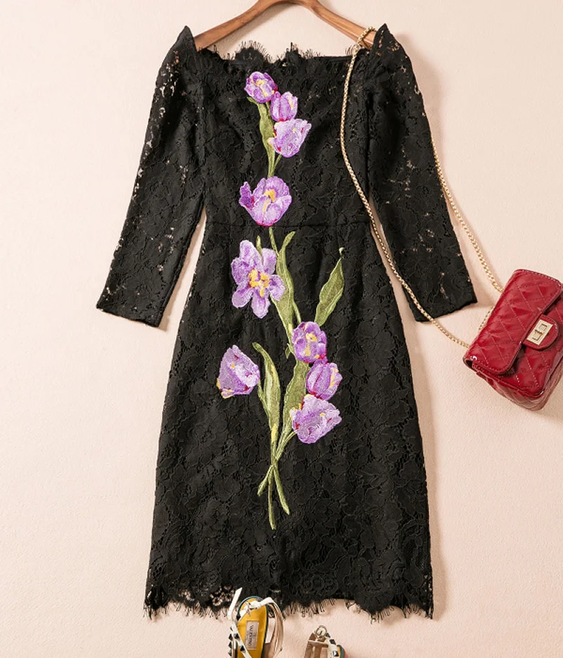 2016 fashion Heavy Flower Embroidery Women Black Lace Dress Elegant Sexy Half Sleeve Dresses