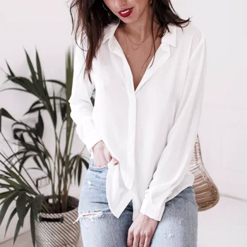 

Women Lace White Blouses 2019 Deep V Backless Blusas Solid Button Shirts Ladies Office Outwear Formal Tops Long Sleeve Blouses