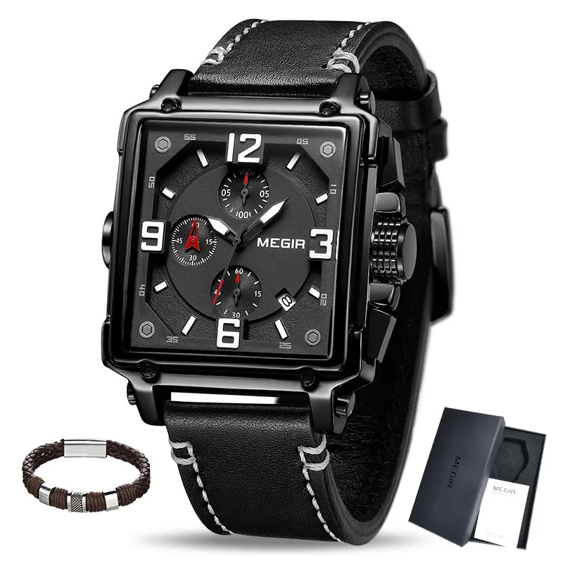 MEGIR, креативные квадратные мужские часы, Лидирующий бренд, Роскошные Кварцевые часы, мужские кожаные спортивные военные наручные часы, Relogio Masculino - Цвет: Black with box