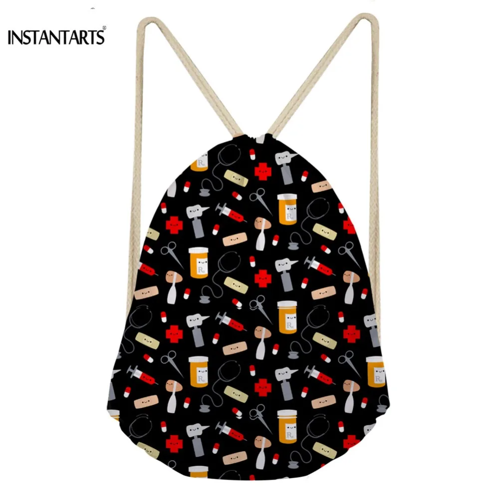 INSTANTARTS Fashion Woman Black Drawstring Bags Cute Cartoon Nurse Printed Female String Backpacks Multi function Storage