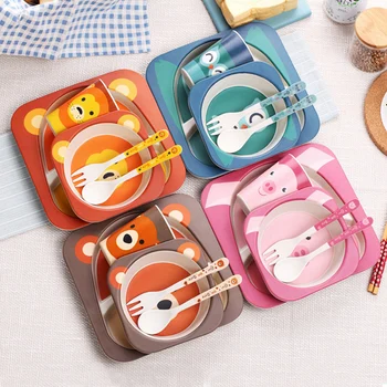 

ONEUP Bamboo Dinnerware Set Cartoon Animal Pattern Tableware Set Eco-Friendly Health & Safety Kids Children Kitchen Accessories