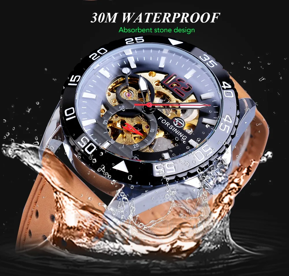 Forsining Creative Mechanical Sport Watches Men's Automatic Half Color Dial Brown Leather Band Racing Outdoor Watch Reloj Hombre_voghion.com