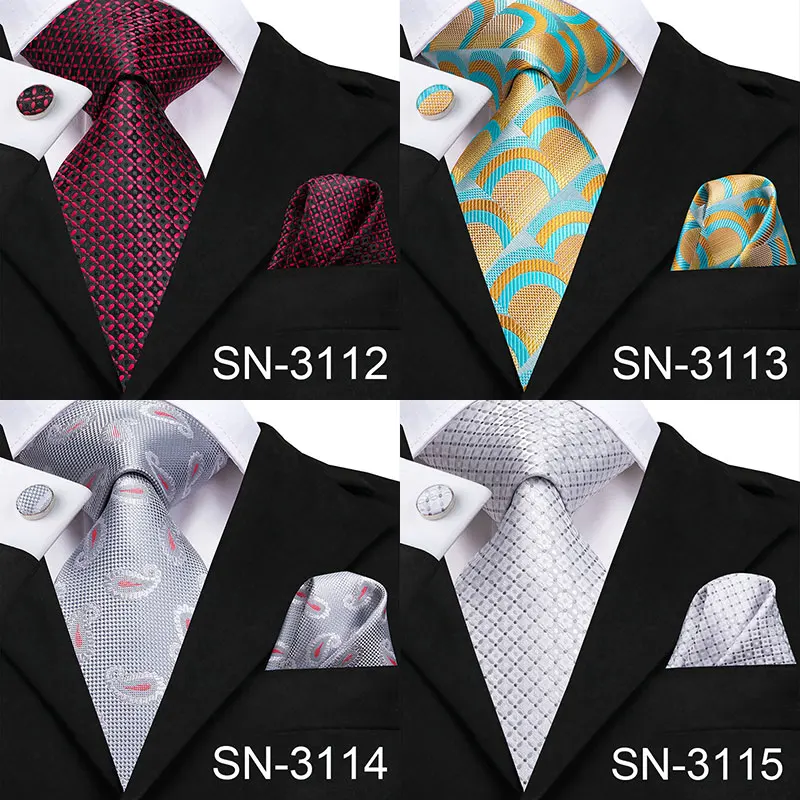 Plaid Tie Hanky Cufflinks Sets Men's 100% Silk Ties For Men Formal Wedding Party Groom
