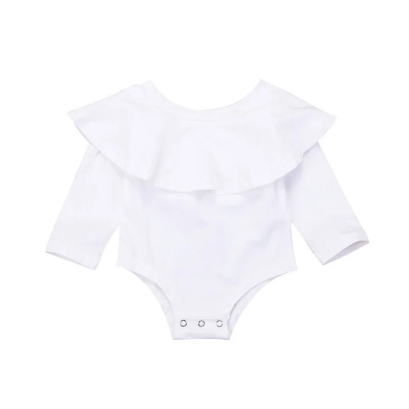 Toddler Kid Baby Girls Solid Color Off Shoulder Long Sleeve Fashion Romper Jumpsuit Outfits Set Clothes Hot Sale - Color: White