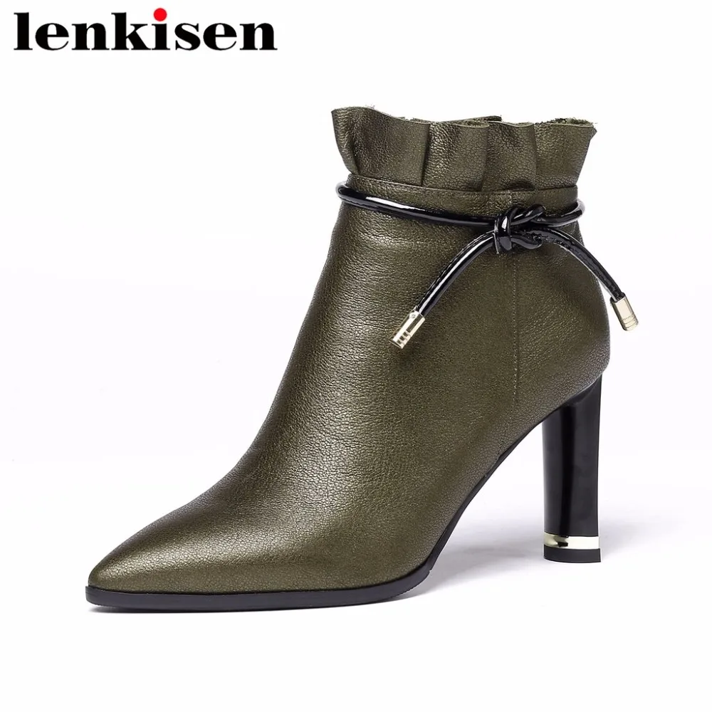 

Lenkisen natural leather pointed toe strange high heels plus size bowtie pop pleated design office lady women ankle boots L6f1