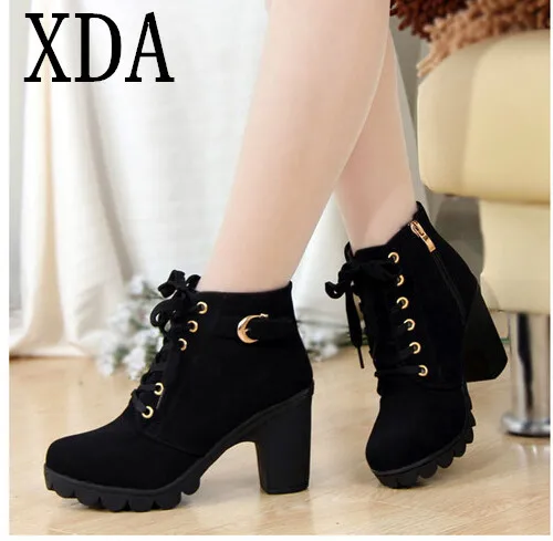 

XDA 2019 New Autumn Winter Women Boots High Quality Solid Lace-up European Ladies shoes Leather Fashion Boots Free Shipping