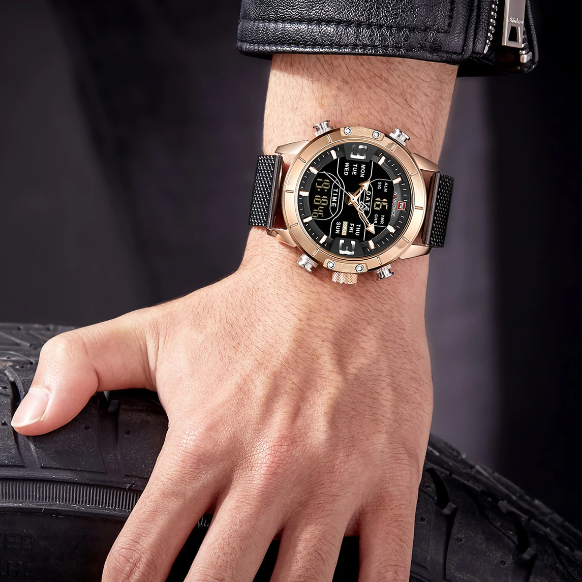 Cena NAVIFORCE męskie zegarki Top marka luksusowy sportowy zegarek mężczyźni siateczkowy pasek 30M wodoodporny Miliary podwójny cyfrowy zegarek na rękę zegar niebieski