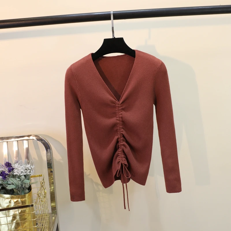 Casual Lace Up Knitted Sweater Women Skinny Slim Knitting Pull Femme Jumper Crop Top Winter Sweater Tricot Pullover Candy Colors (17)