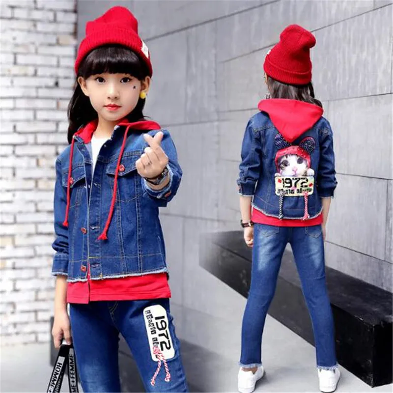 Spring Fall Girls Children Clothing Set Denim Jacket Jean Pants Set For
