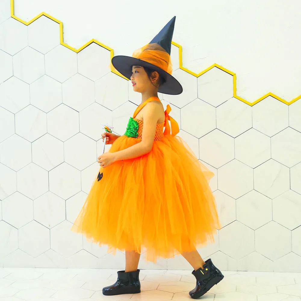 Orange Pumpkin Pattern Halloween Witch Outfit Tutu Dress Halloween Costumes for Teens Vampirina Birthday Mid Calf Flower Dress (16)