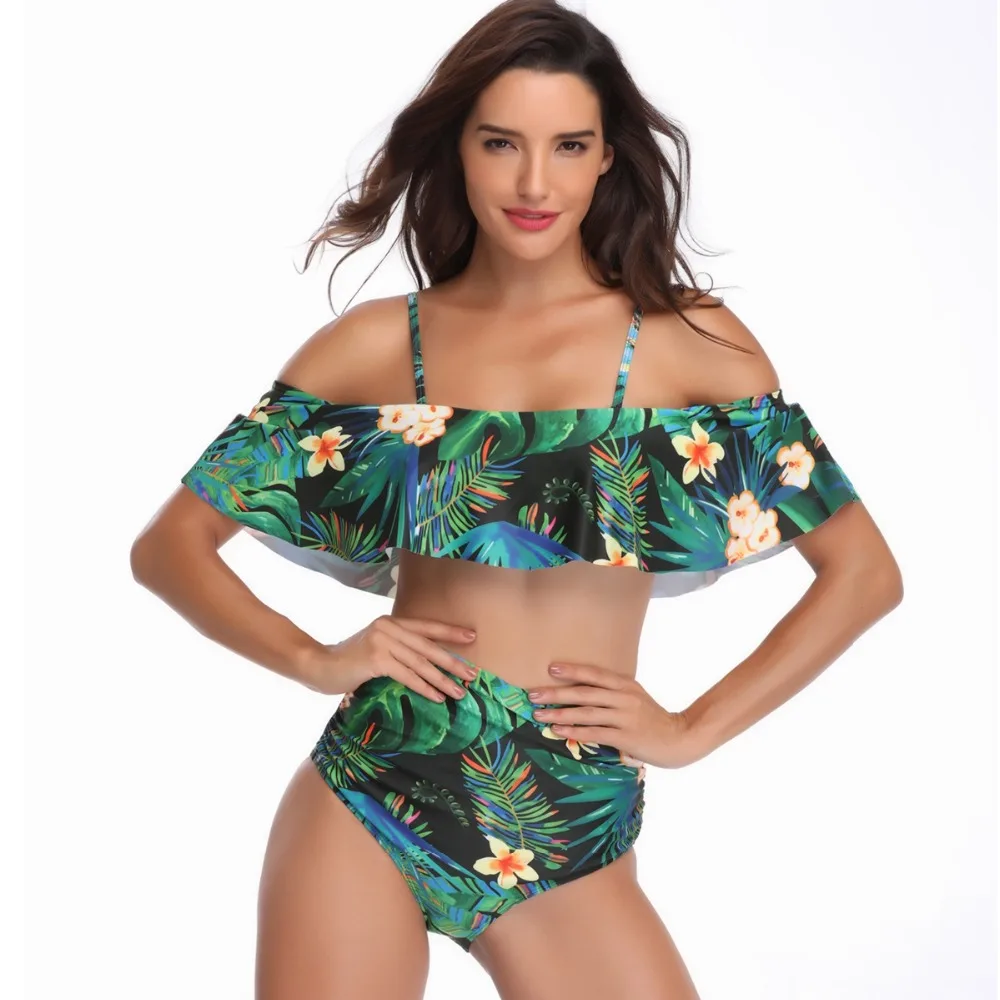 

flower color High Waist Bikinis Sexy Swimwear Women Ruffle Bandeau Swimsuit Vintage Bikini Bathing Suits Off Shoulder Beachwear