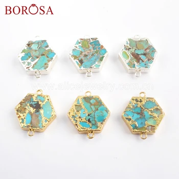 

BOROSA 5PCS Hexagon Shape Gold Color Copper Turquoises Connectors Natural Stone Gold Double Charms for Necklace Jewelry G1698