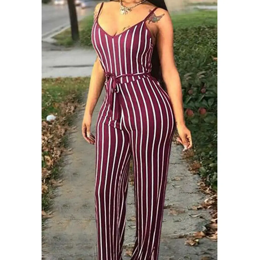 

New Women Clubwear Summer Playsuit Bodycon Party Jumpsuit Romper Long Trousers Elegant Charm Spaghetti Strap Striped Clothes
