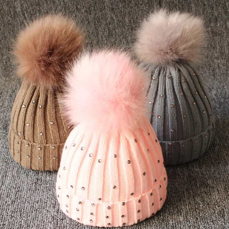 

Baby Winter Hat For Girls Crochet Pompom Cap Beanie Cute Kids Warm Knitted Rhinestone Caps Children Ball Hats