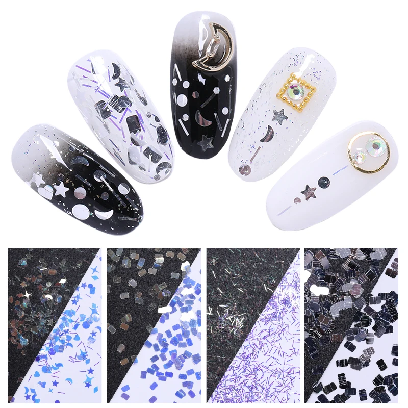 

3D Nail Decoration Tips Mixed Silver Patterns Flakes Sparkly Nails Sequins Heart Star Moon Nail Art Accessories