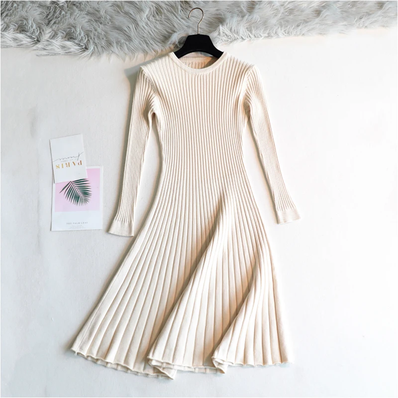 

2019 Woman Long Thick Dress Sweater Full Sleeve Long A-Line Robe Knit Dress Elegant Autumn Winter Sweater Dress Solid