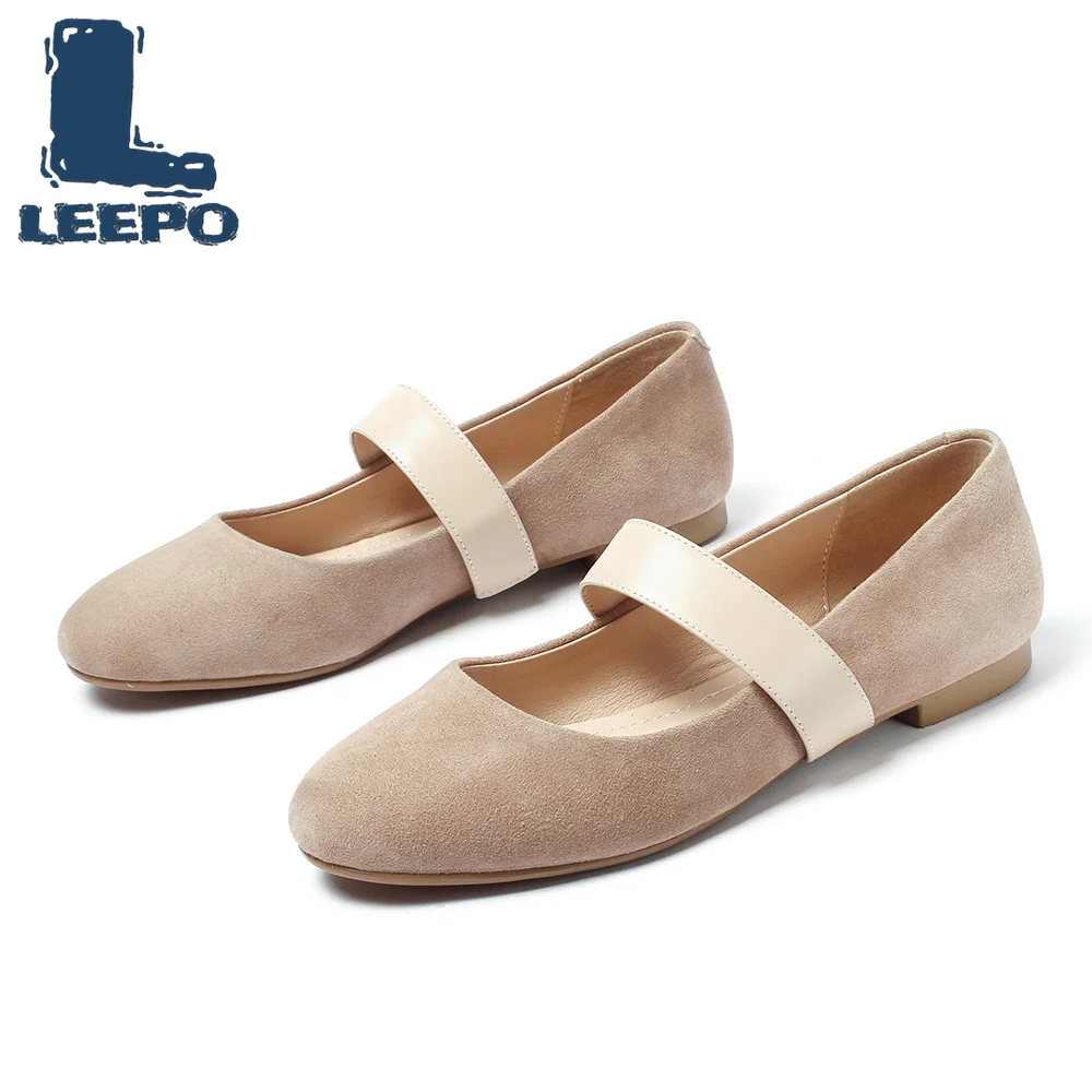

LEEPO Mary Jane Shoes for Women Made of Genuine Leather Flats Ladies Solid Round Toe Woman Sweet Comfort Flats Single Shoes